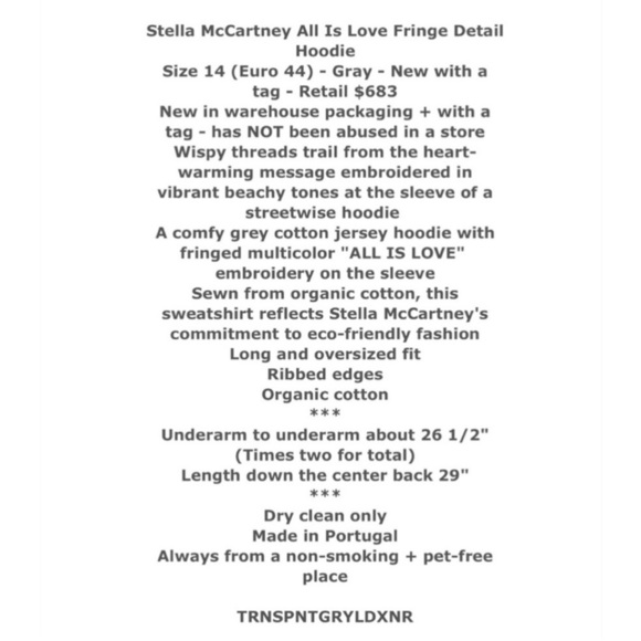 🌺SOLD ON BAY🌺 $633 Stella McCartney Sweatshirt Hoodie 14 “ ALL IS LOVE “ Fringe - Picture 2 of 16